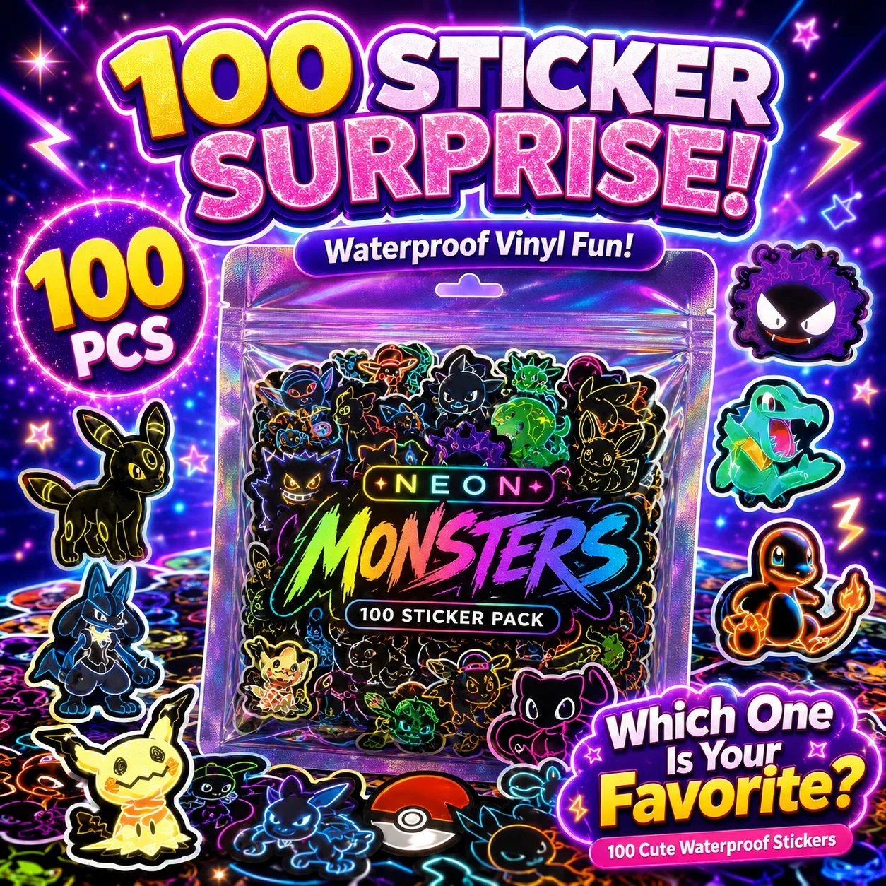 Wall Sticker - 100 adesivi Pokémon neon impermeabili, decorazioni